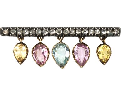 Georgian Rose Diamond, Silver & Gold Brooch with Topaz, Aquamarine, Pink Topaz Drops