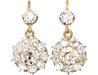 Edwardian 18ct White & Yellow Gold Diamond Cluster Drop Earrings