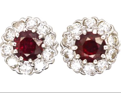 Mid 20th Century Platinum, Ruby & Diamond Cluster Earrings