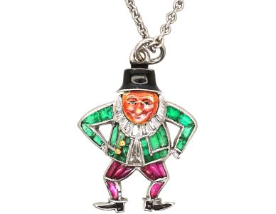 Early 20th Century Platinum, Enamelled Leprechaun Pendant set with Diamonds, Emeralds & Rubies on Platinum Chain