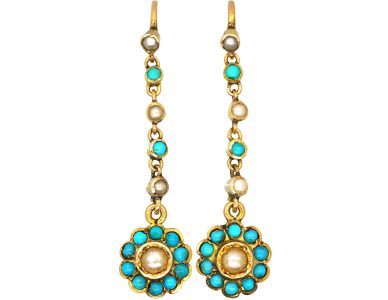 Edwardian 15ct Gold Drop Forget me Not Earrings set with Turquoise & Natural Split Pearls