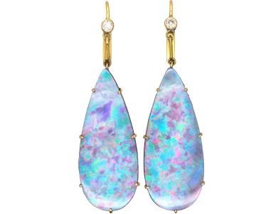Art Deco 18ct Gold Large Opal Doublet & Diamond Drop Earrings