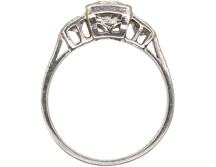 Art Deco Platinum Three Stone Diamond Ring with Step Cut Detail