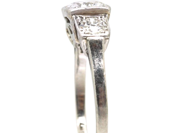 Art Deco Platinum Three Stone Diamond Ring with Step Cut Detail