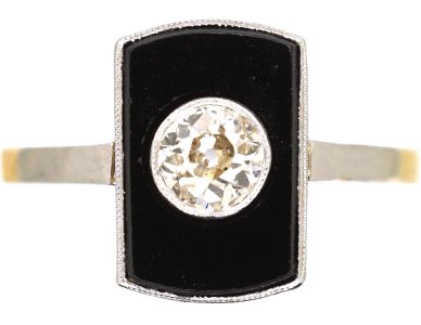 Art Deco 18ct Gold & Platinum, Onyx & Diamond Rectangular Ring