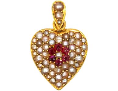 Edwardian 18ct Gold Heart Pendant set with Natural Split Pearls & Rubies