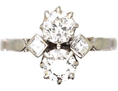 Art Deco 18ct White Gold Two Stone Diamond Ring with Square Cut Diamond Accents
