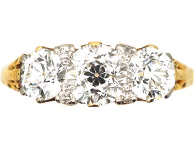 Victorian 18ct Gold, Three Stone Old Mine Cut Diamond Carved Half Hoop Ring