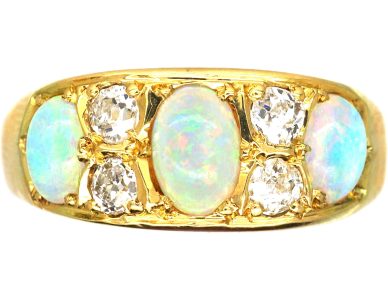 Edwardian 18ct Gold, Three Stone Cabochon Opal & Diamond Ring
