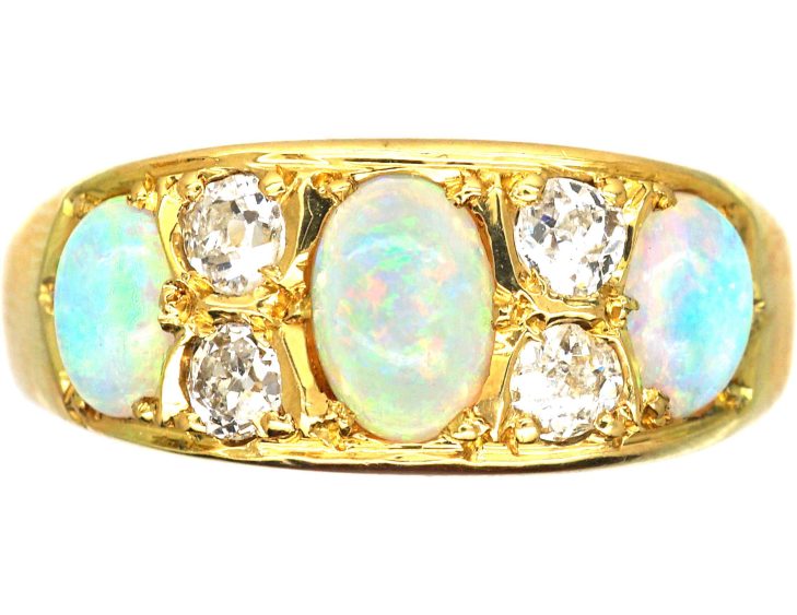 Edwardian 18ct Gold, Three Stone Cabochon Opal & Diamond Ring