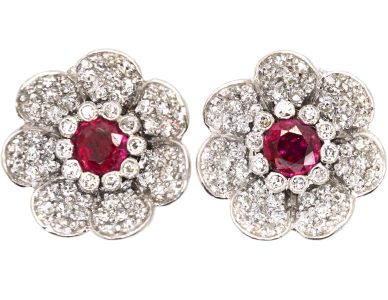 Edwardian Platinum & 18ct Gold, Ruby & Diamond Flower Cluster Earrings