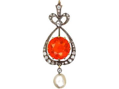 Art Nouveau 18ct Gold & Silver, Fire Opal & Diamond Pendant with Natural Baroque Pearl Drop in Original Case