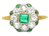 Edwardian 18ct Gold & Platinum, Emerald & Diamond Cluster Ring