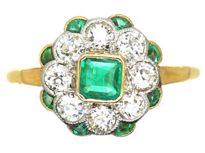 Edwardian 18ct Gold & Platinum, Emerald & Diamond Cluster Ring