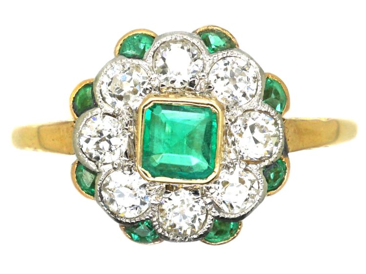 Edwardian 18ct Gold & Platinum, Emerald & Diamond Cluster Ring