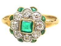 Edwardian 18ct Gold & Platinum, Emerald & Diamond Cluster Ring