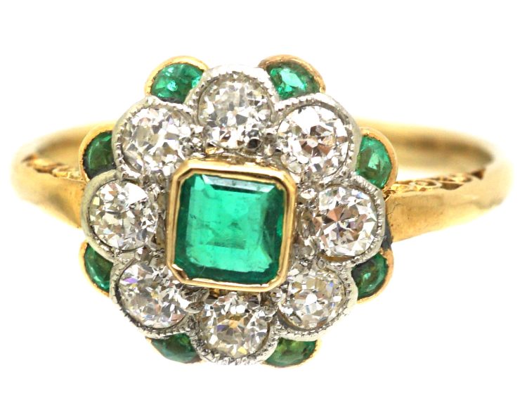 Edwardian 18ct Gold & Platinum, Emerald & Diamond Cluster Ring