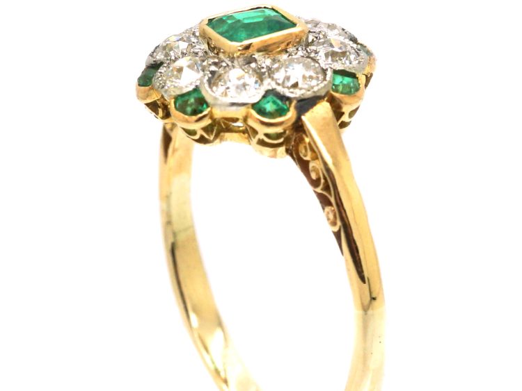 Edwardian 18ct Gold & Platinum, Emerald & Diamond Cluster Ring
