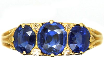 Victorian 18ct Gold Three Stone Sapphire Carved Half Hoop Ring with Diamond Accents