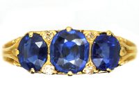 Victorian 18ct Gold Three Stone Sapphire Carved Half Hoop Ring with Diamond Accents