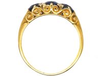 Victorian 18ct Gold Three Stone Sapphire Carved Half Hoop Ring with Diamond Accents