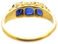 Victorian 18ct Gold Three Stone Sapphire Carved Half Hoop Ring with Diamond Accents