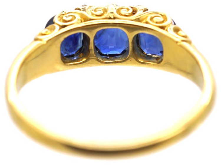 Victorian 18ct Gold Three Stone Sapphire Carved Half Hoop Ring with Diamond Accents