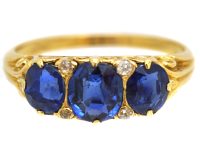 Victorian 18ct Gold Three Stone Sapphire Carved Half Hoop Ring with Diamond Accents