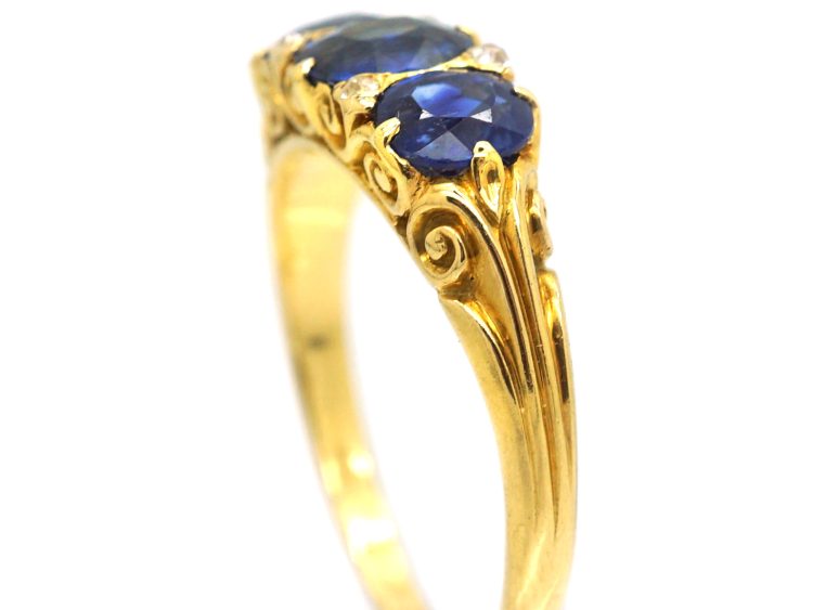 Victorian 18ct Gold Three Stone Sapphire Carved Half Hoop Ring with Diamond Accents