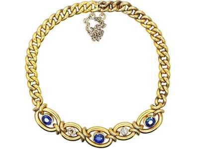 Edwardian 15ct Gold Fancy Curb Bracelet set with Sapphires & Diamonds