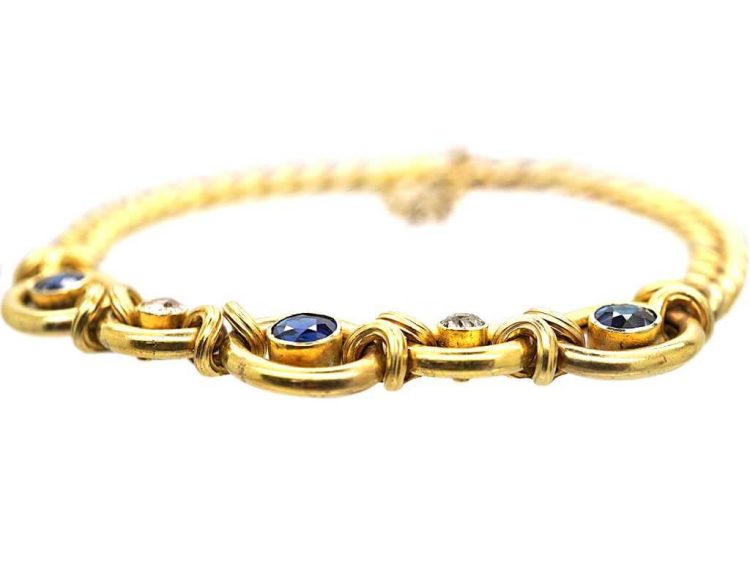 Edwardian 15ct Gold Fancy Curb Bracelet set with Sapphires & Diamonds