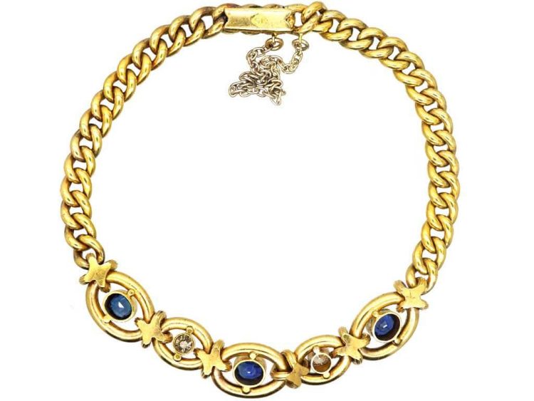 Edwardian 15ct Gold Fancy Curb Bracelet set with Sapphires & Diamonds