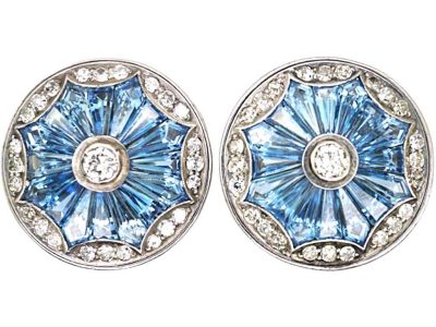Mid 20th Century 18ct White Gold, Aquamarine & Diamond Round Earrings