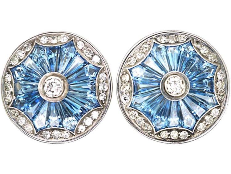 Mid 20th Century 18ct White Gold, Aquamarine & Diamond Round Earrings