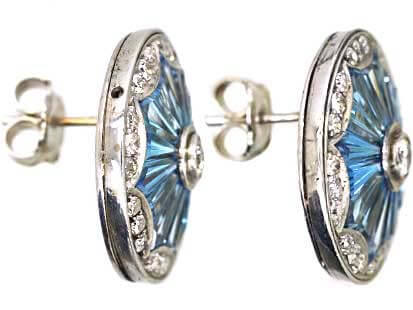Mid 20th Century 18ct White Gold, Aquamarine & Diamond Round Earrings