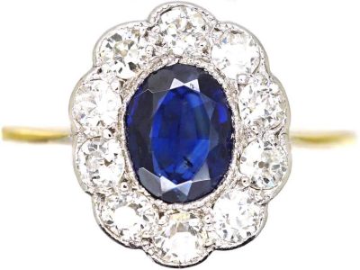 Edwardian 18ct Gold & Platinum, Sapphire & Diamond Oval Cluster Ring