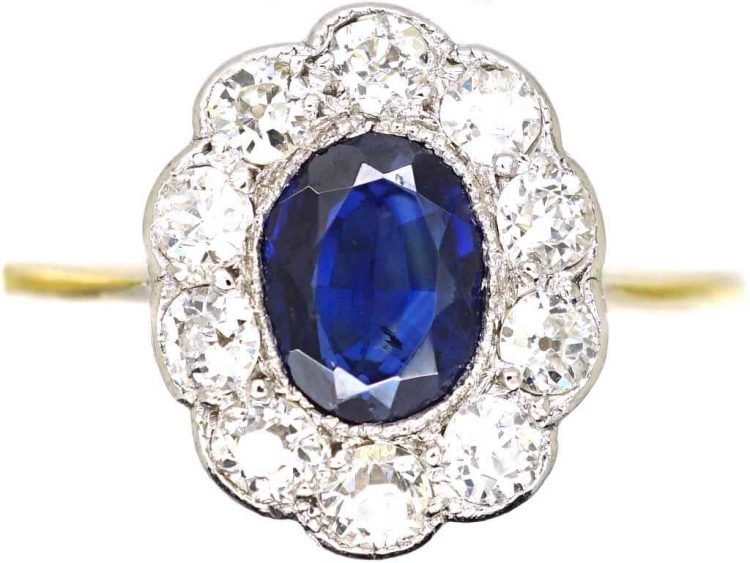 Edwardian 18ct Gold & Platinum, Sapphire & Diamond Oval Cluster Ring