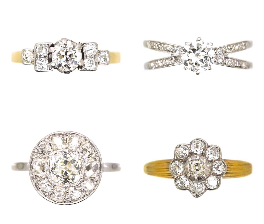 Antique diamond solitaire and cluster rings