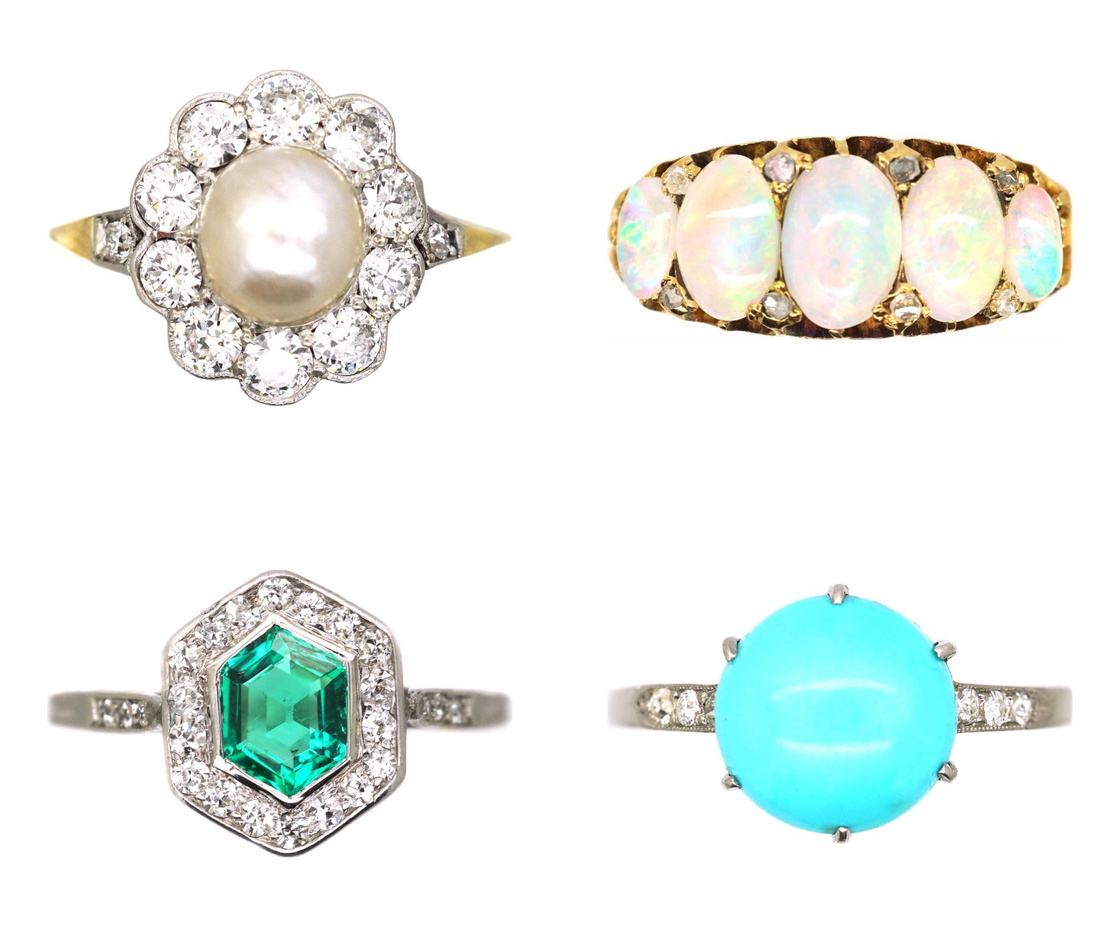 Antique rings set with pearls, opals, an emerald and turquoise