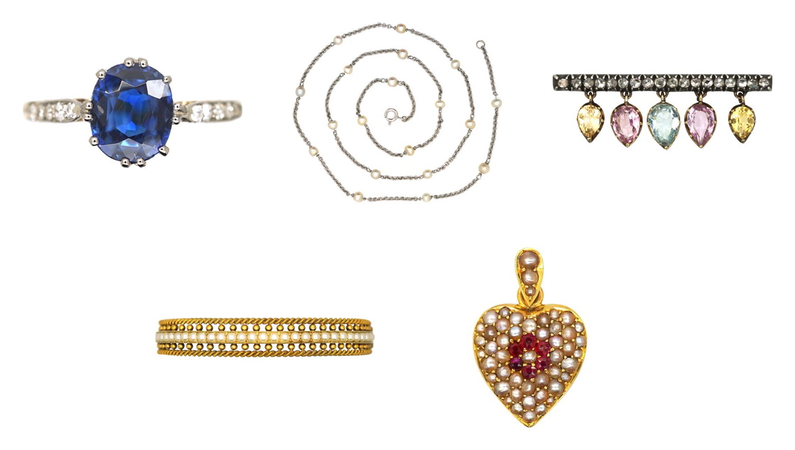 Antique sapphire, pearl and aquamarine jewellery from our collection