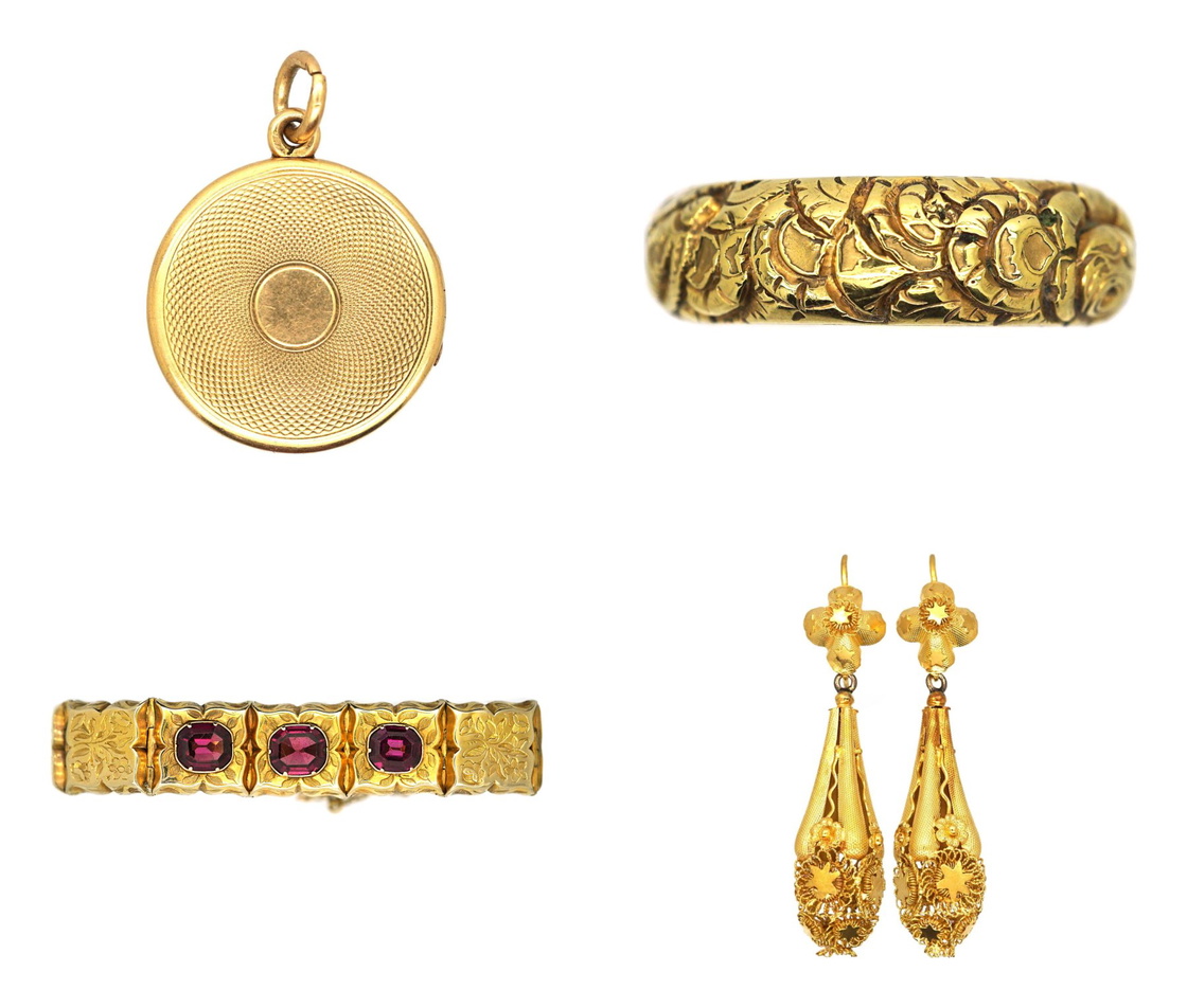 Engine-turned locket, repoussé ring, engraved bracelet and cannetille earrings