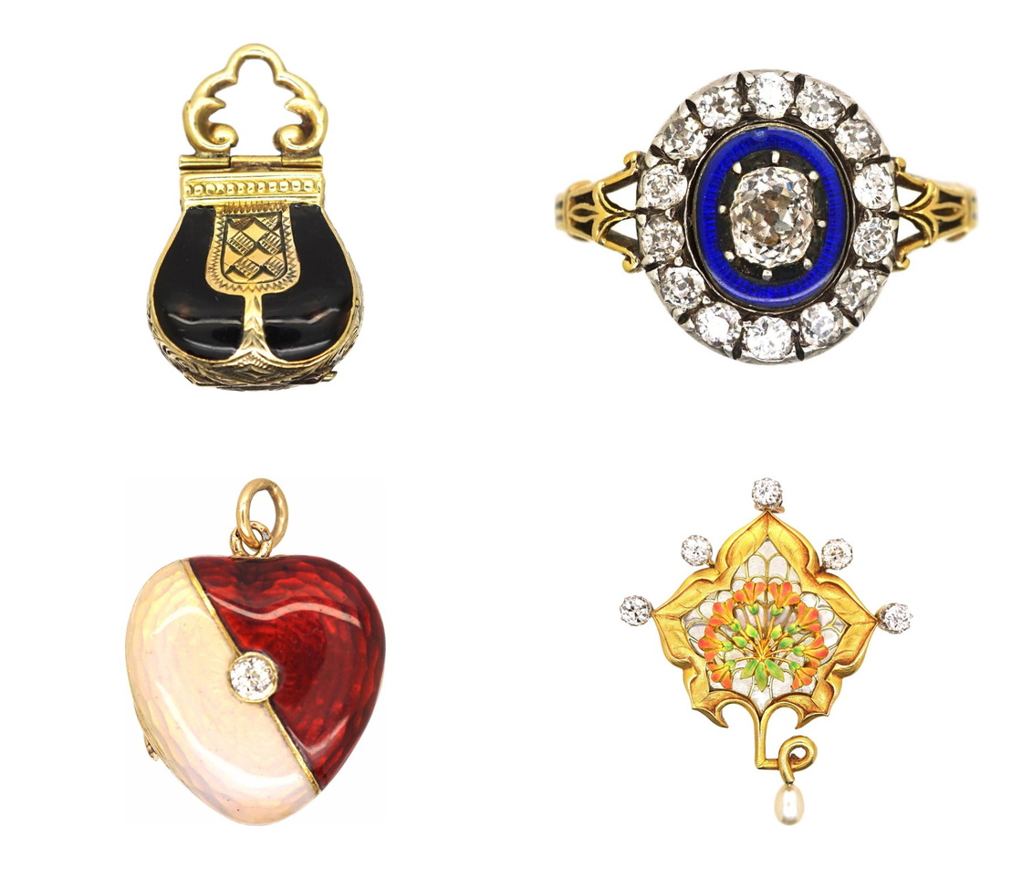 Black enamel locket, blue enamel ring, guilloché enamel pendant and plique-à-jour brooch