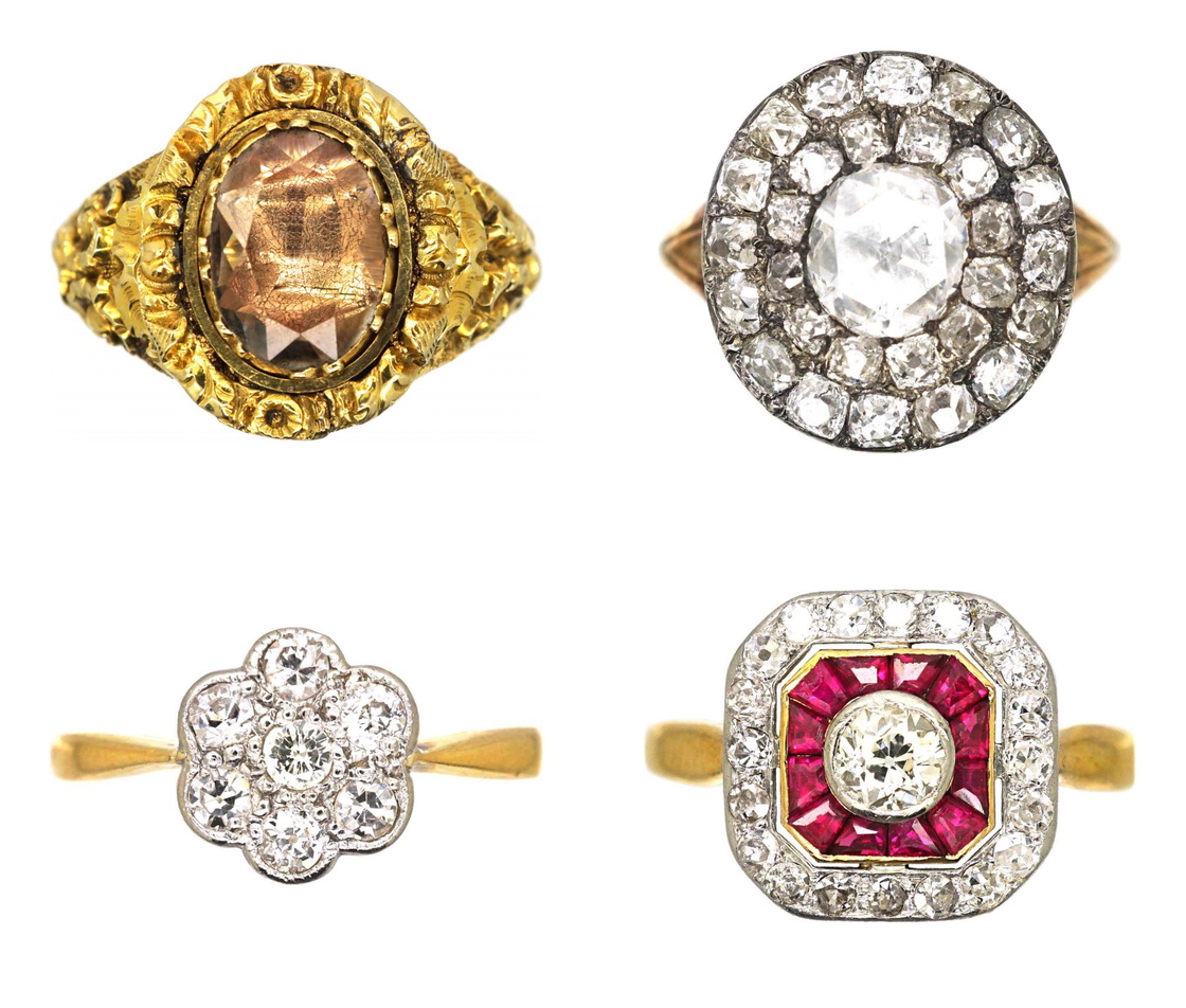 Foiled Georgian ring, silver-topped diamond cluster, Edwardian millegrain ring and Art Deco calibré ruby ring