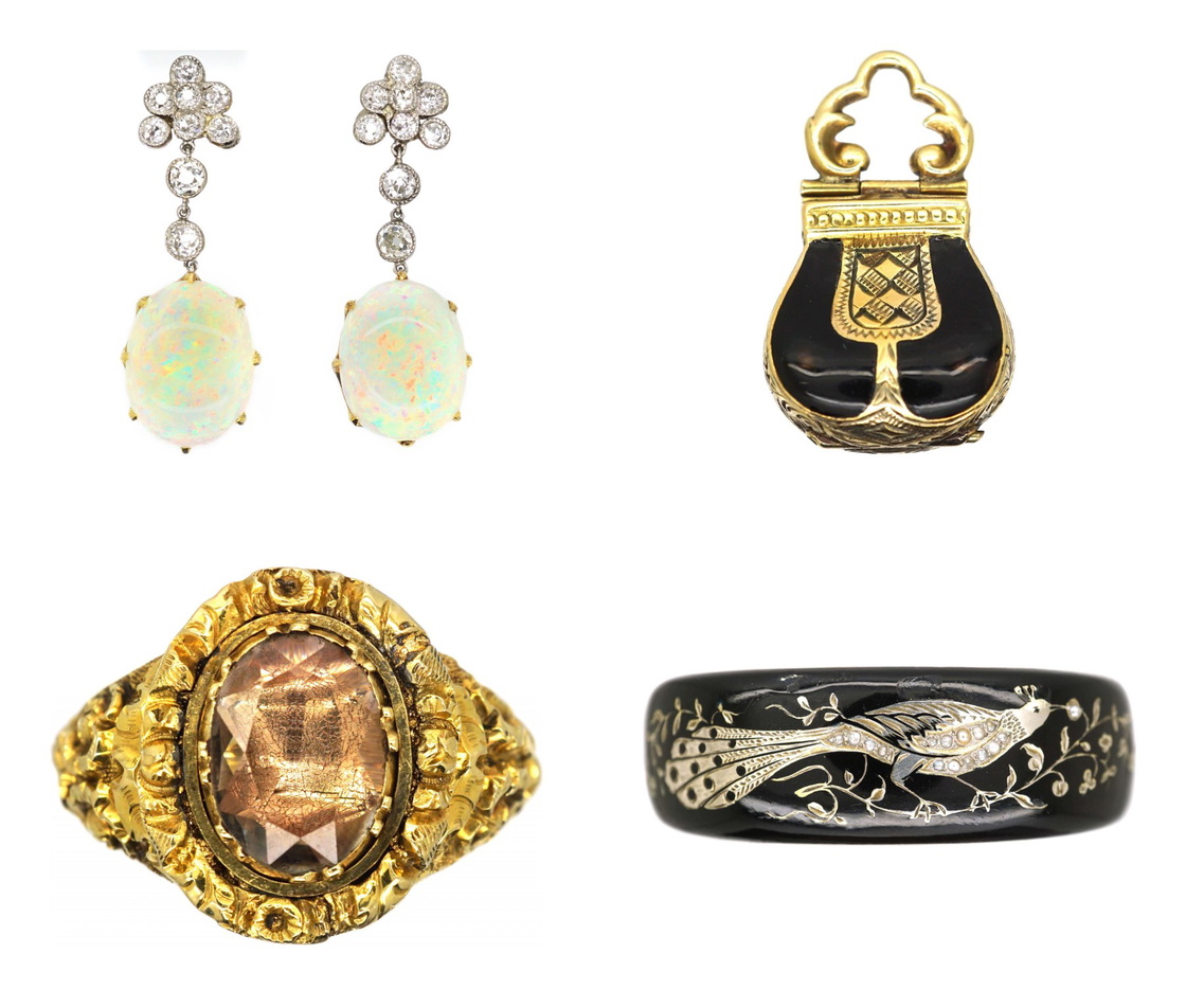 Opal earrings, black enamel locket, foiled Georgian ring and silver bangle