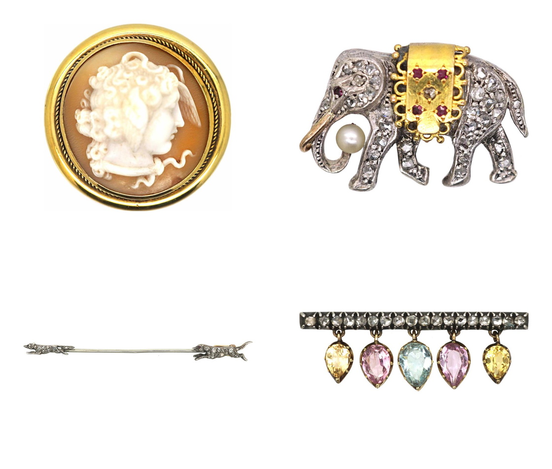 Cameo, elephant, fox and hound and Georgian gem-set brooches