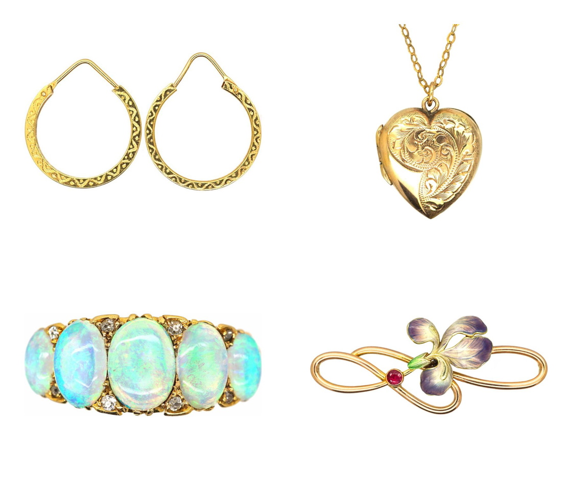 Engraved gold hoops, a gold heart locket, an opal half hoop ring and an enamel iris brooch