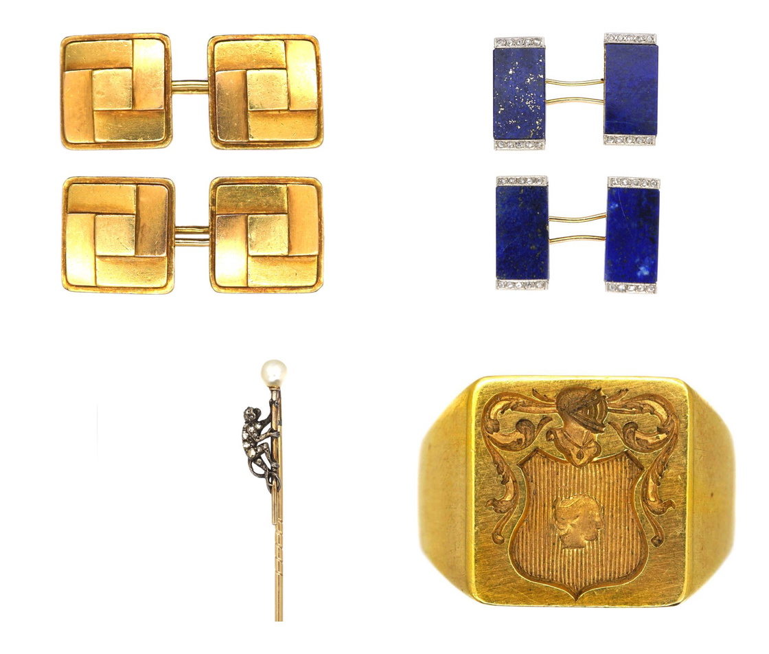 Cartier gold cufflinks, lapis cufflinks, a monkey tie pin and a crested signet ring