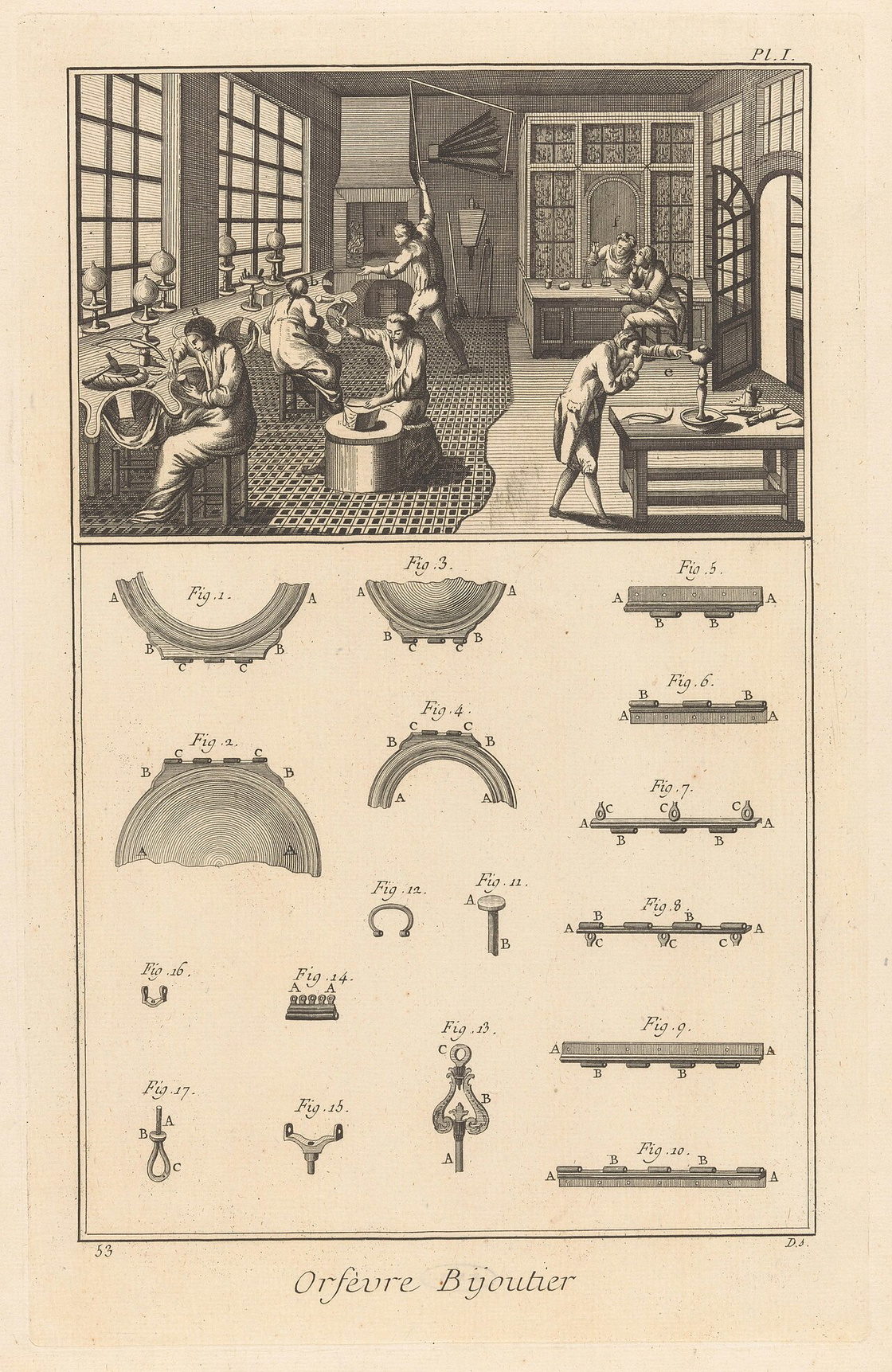 Engraving of an eighteenth-century goldsmith-jeweller's workshop and tools