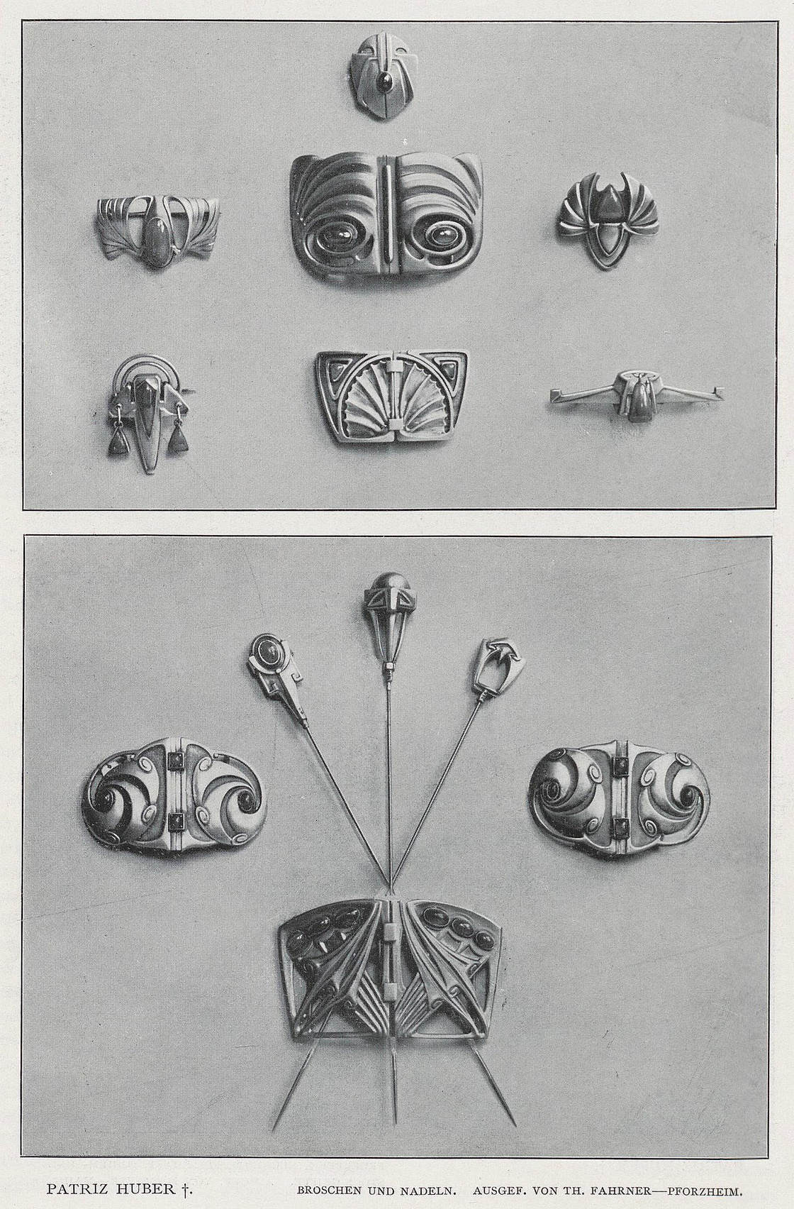 Brooches and pins designed by Patriz Huber, around 1900