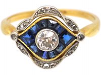 Art Deco 18ct Gold & Platinum, Sapphire & Diamond Eye Ring